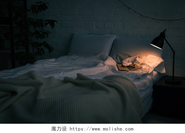 在灯光昏暗的房间内有一盏孤独的光束卧室内部, 在空床上有书和眼镜, 晚上在黑色床头柜上放在植物和灯上
